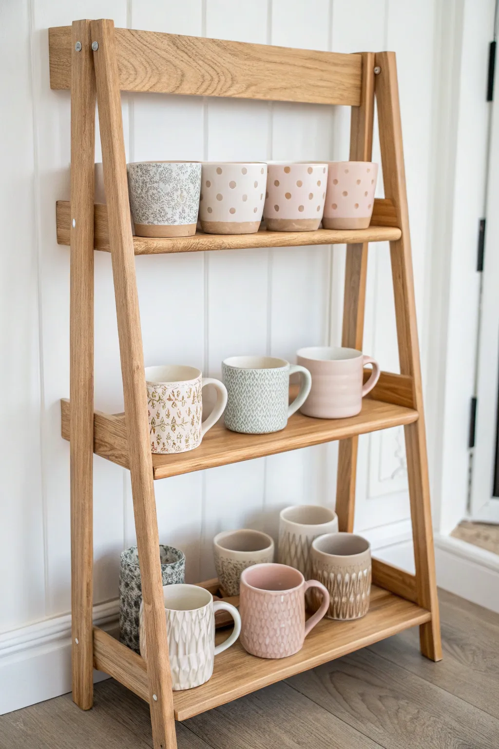 Elevate your coffee mug organization with a stylish tiered shelf that blends Scandinavian simplicity with Boho warmth.