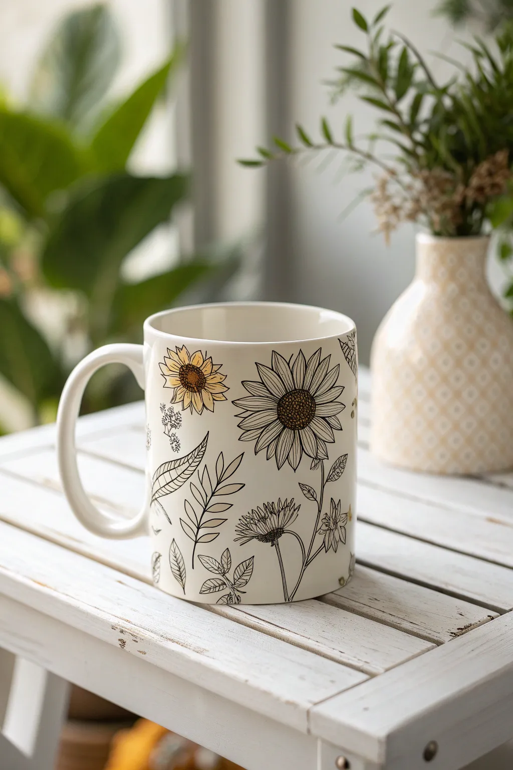 Sip in style with a touch of nature: Transform your coffee moments with a sunflower-patterned mug that radiates warmth and simplicity.