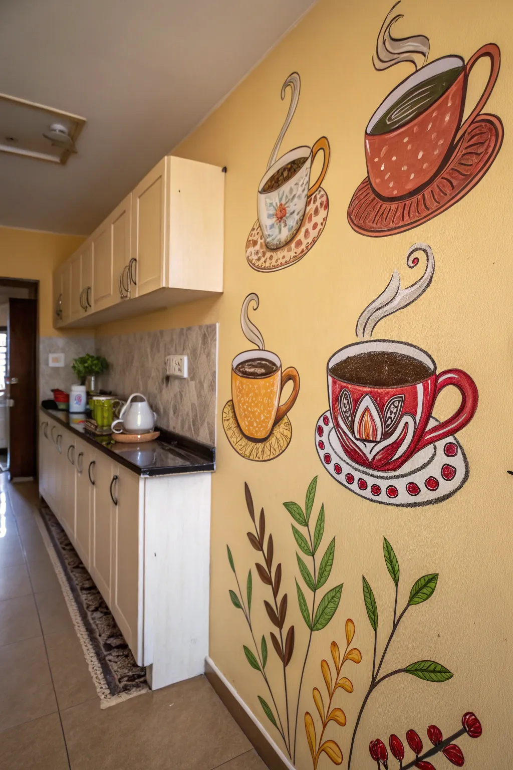 A kitchen wall decorated with artistic illustrations of coffee cups.