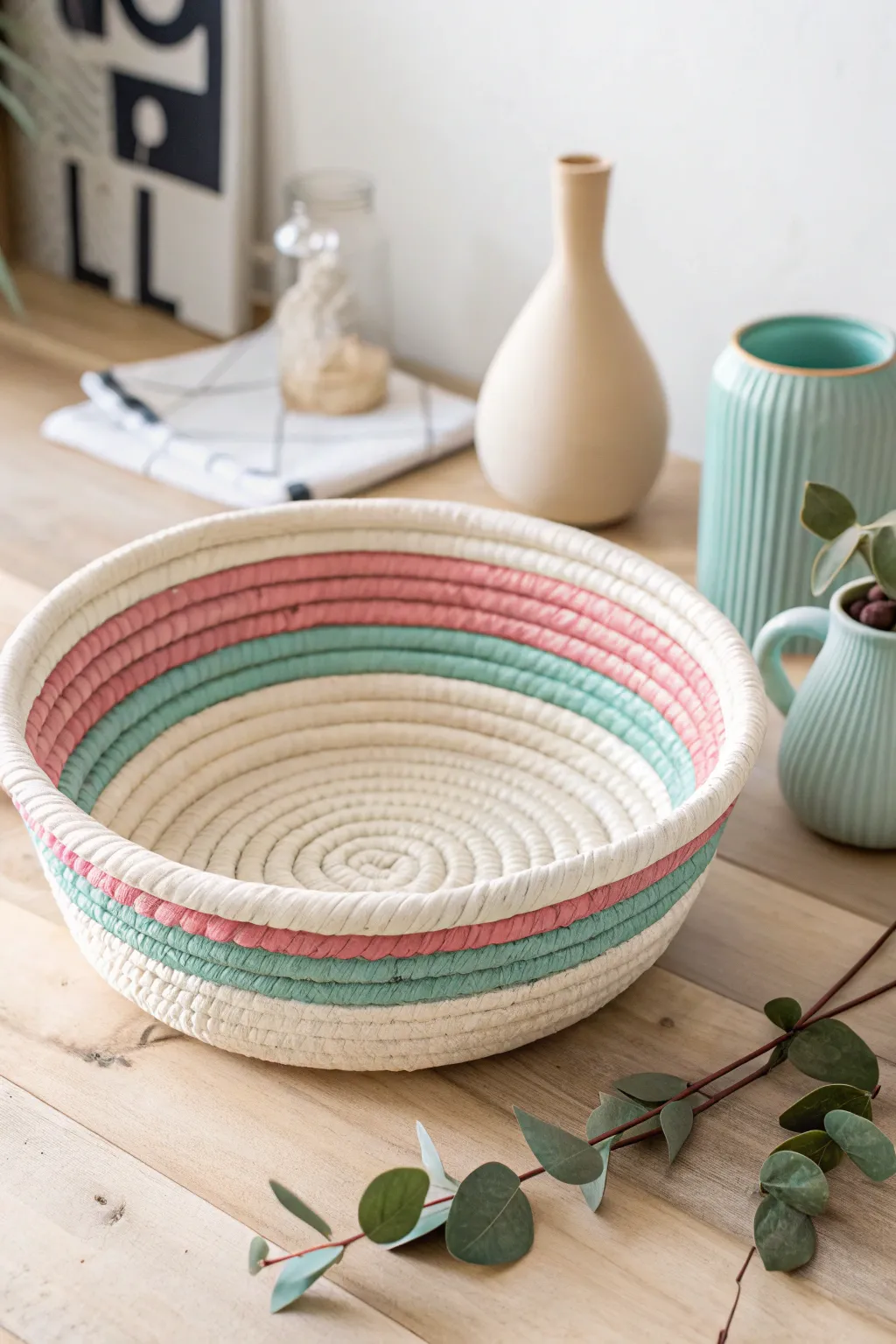 Elevate your space with a touch of color-block elegance in this handcrafted coil basket.