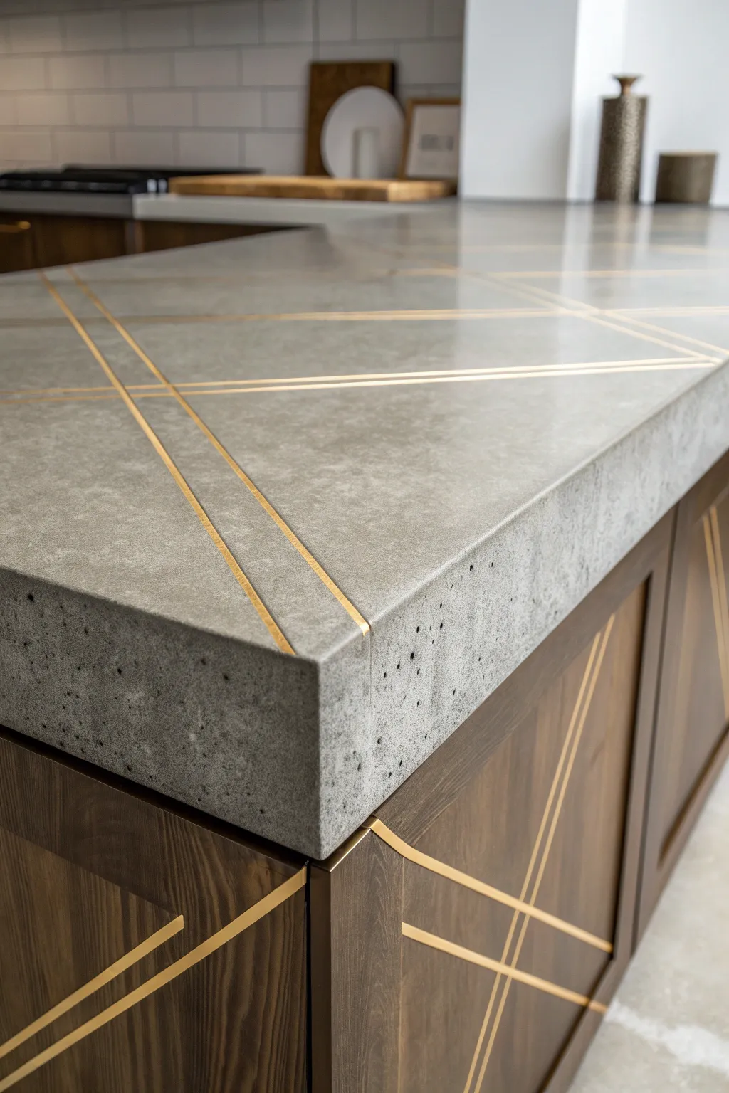 Sleek sophistication: Concrete countertop with stunning brass inlays.