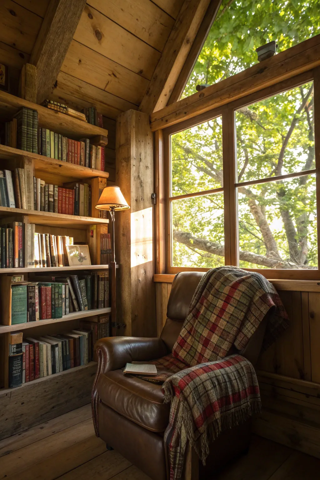 Discover tranquility in nature's embrace with this handcrafted treehouse library nook.
