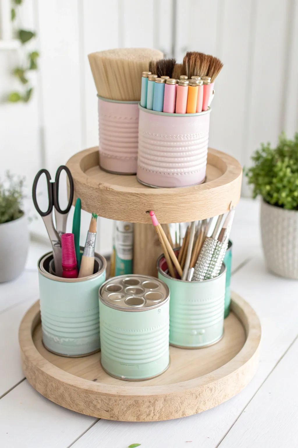 Transform your crafting chaos into minimalist elegance with a spinning craft organizer—beauty meets functionality.