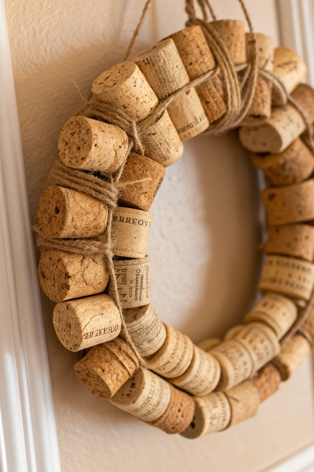 Elevate your space with a beautifully rustic cork wreath, wrapped in twine for a touch of handcrafted charm.