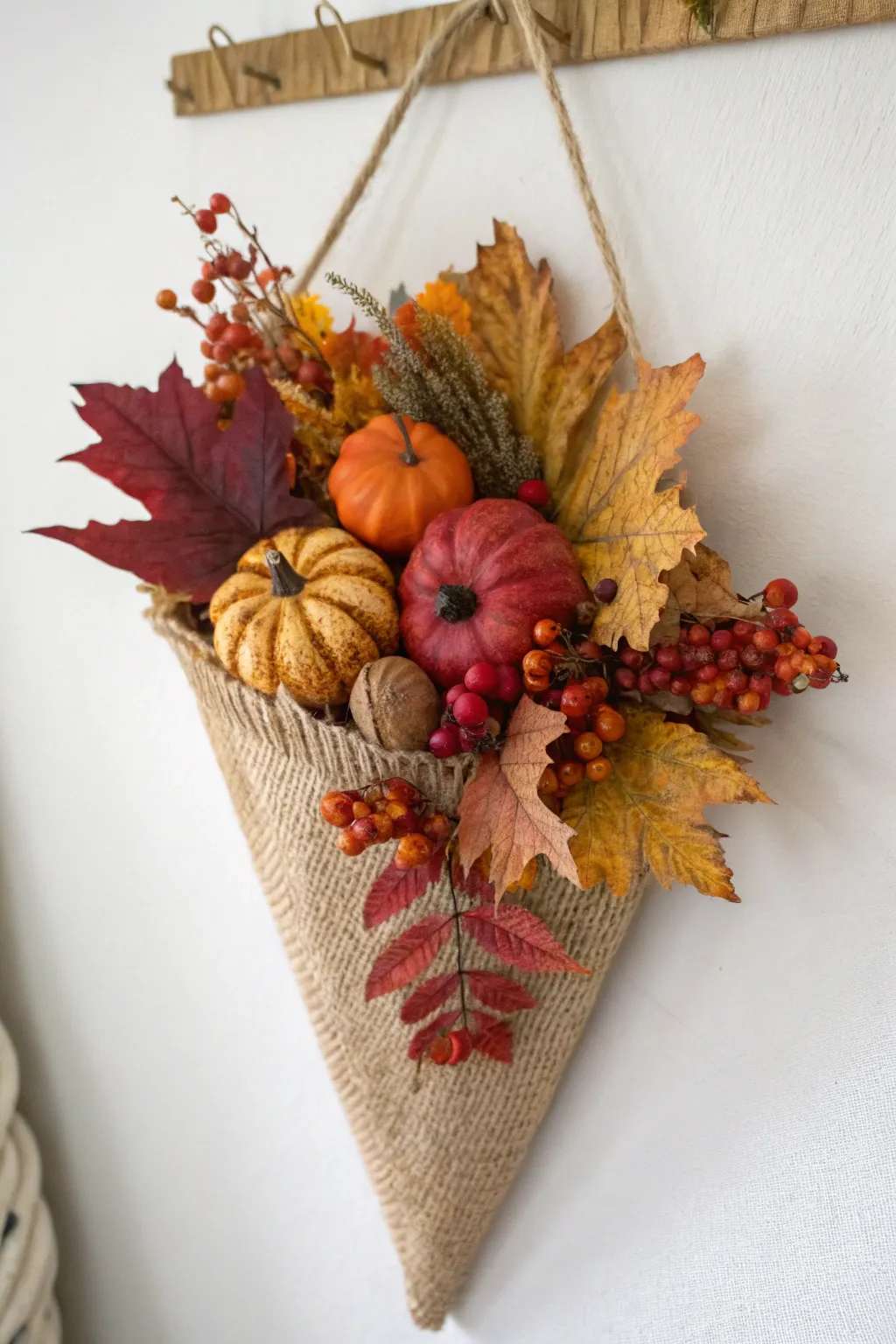 Welcome autumn with a touch of elegance: a handcrafted cornucopia wall hanging that brings warmth and style to your entryway.