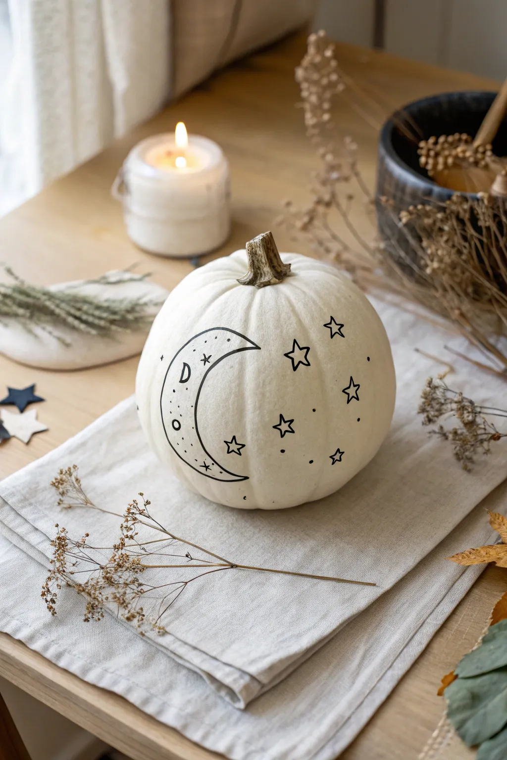 Celestial Love: Embrace the cosmic connection with this moonlit pumpkin masterpiece.