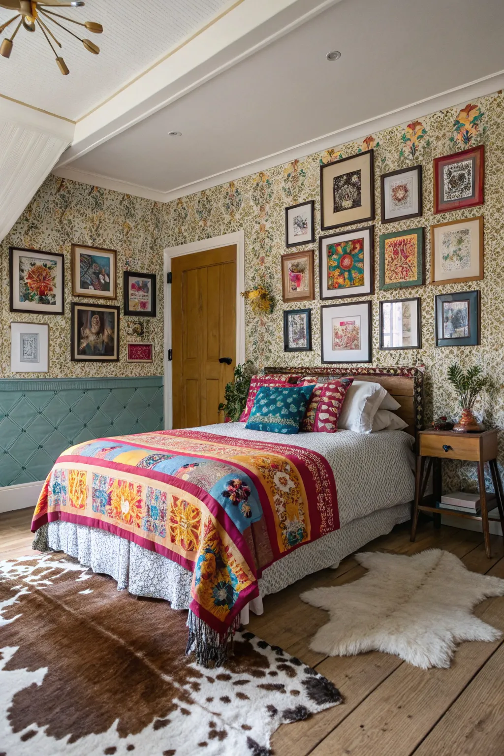 Eclectic bedroom showcasing a mix of patterns with a cowhide rug.