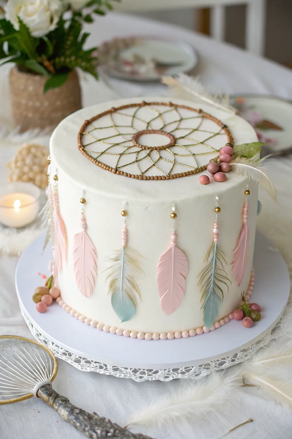 Catch dreams and sweet moments with this stunning dream catcher cake, perfect for a bohemian-inspired celebration.