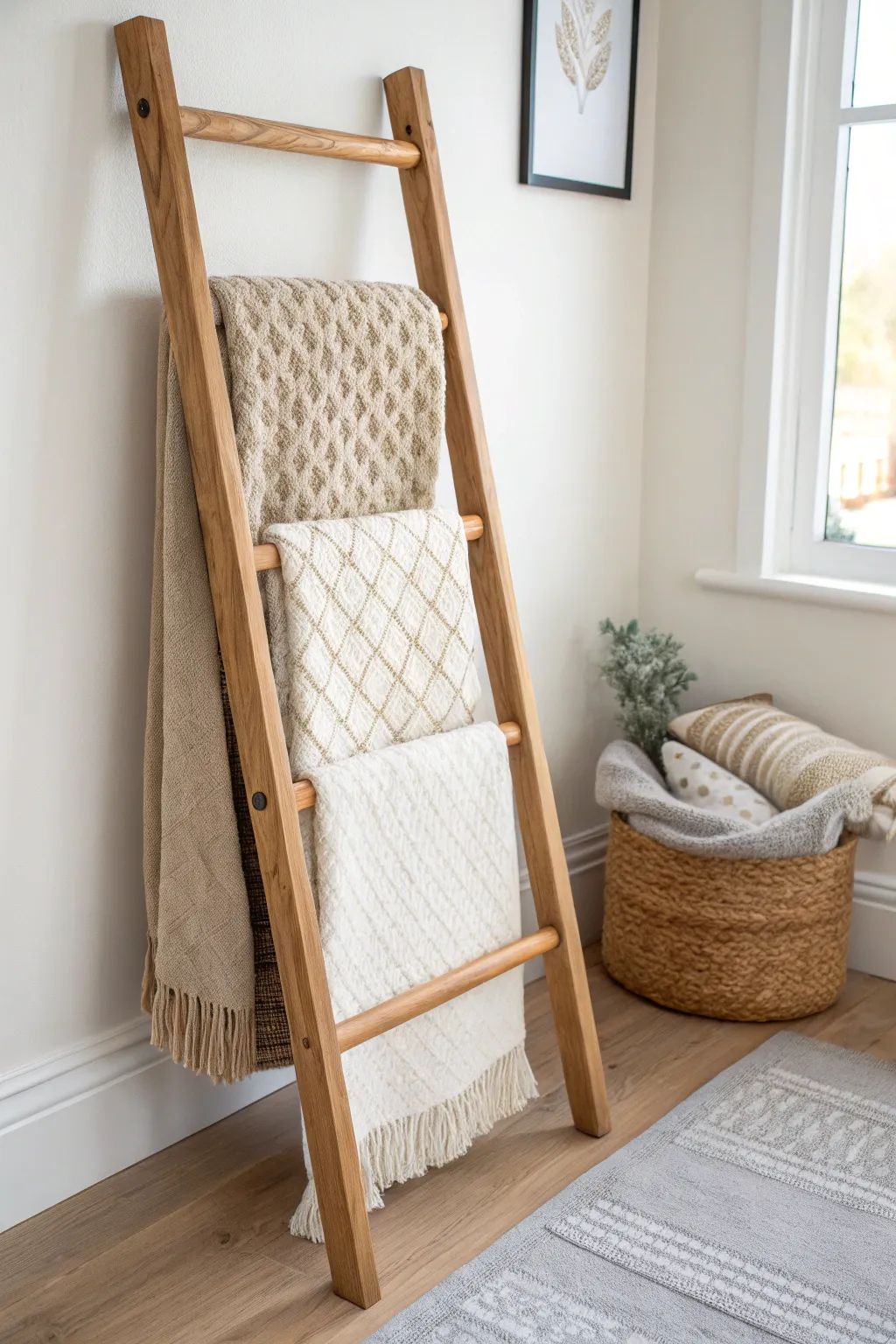 Elevate your living space with this chic upcycled blanket ladder, where simplicity meets cozy elegance.
