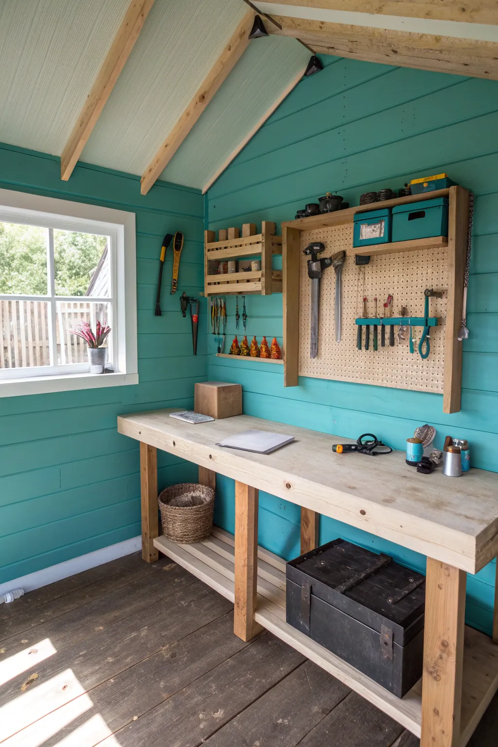 Transform your craft shed into a vibrant creative retreat with a splash of soothing teal.