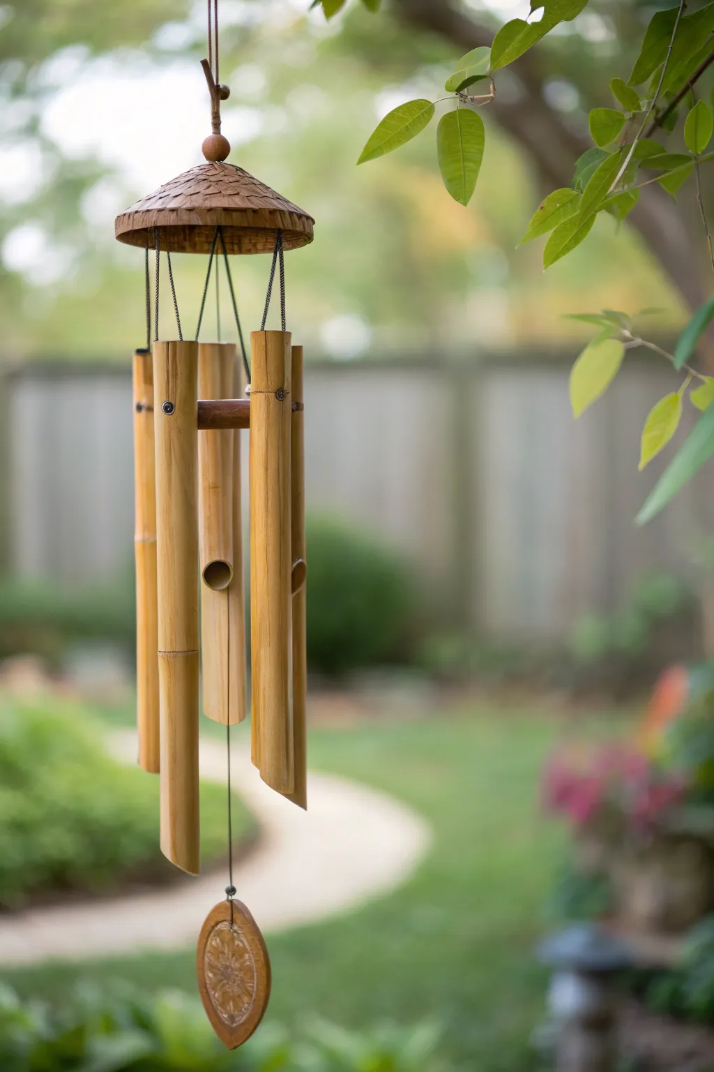 Embrace serenity with handcrafted bamboo wind chimes, bringing a touch of natural elegance to your garden.