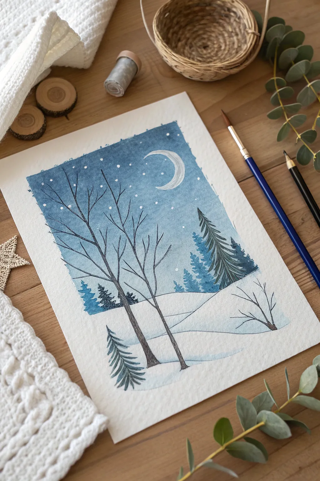 Embrace the serene magic of winter with minimalist crayon strokes. ❄️🌙