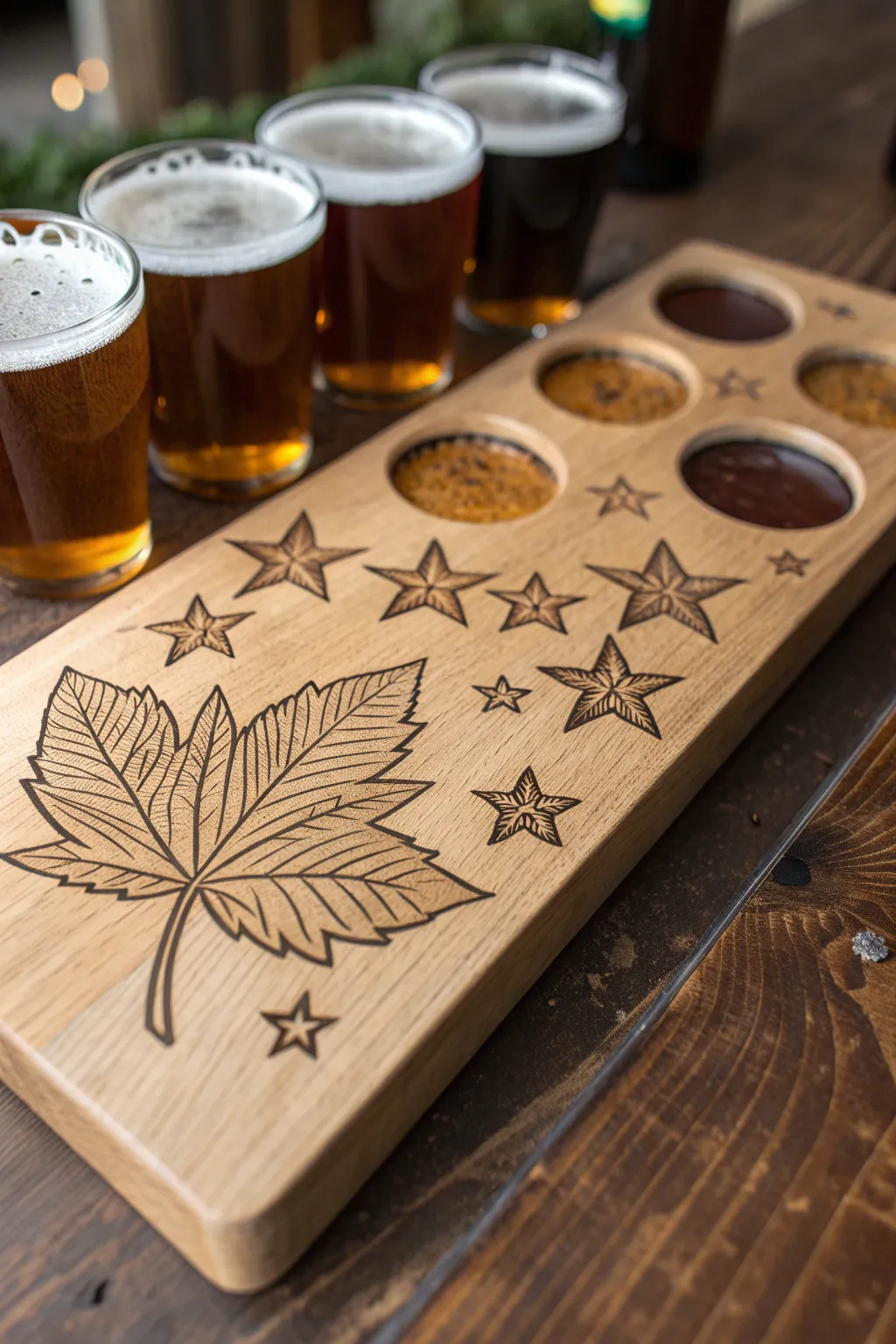 Elevate your beer tasting experience with a handcrafted flight board, where every cutout tells a story of creativity and skill.