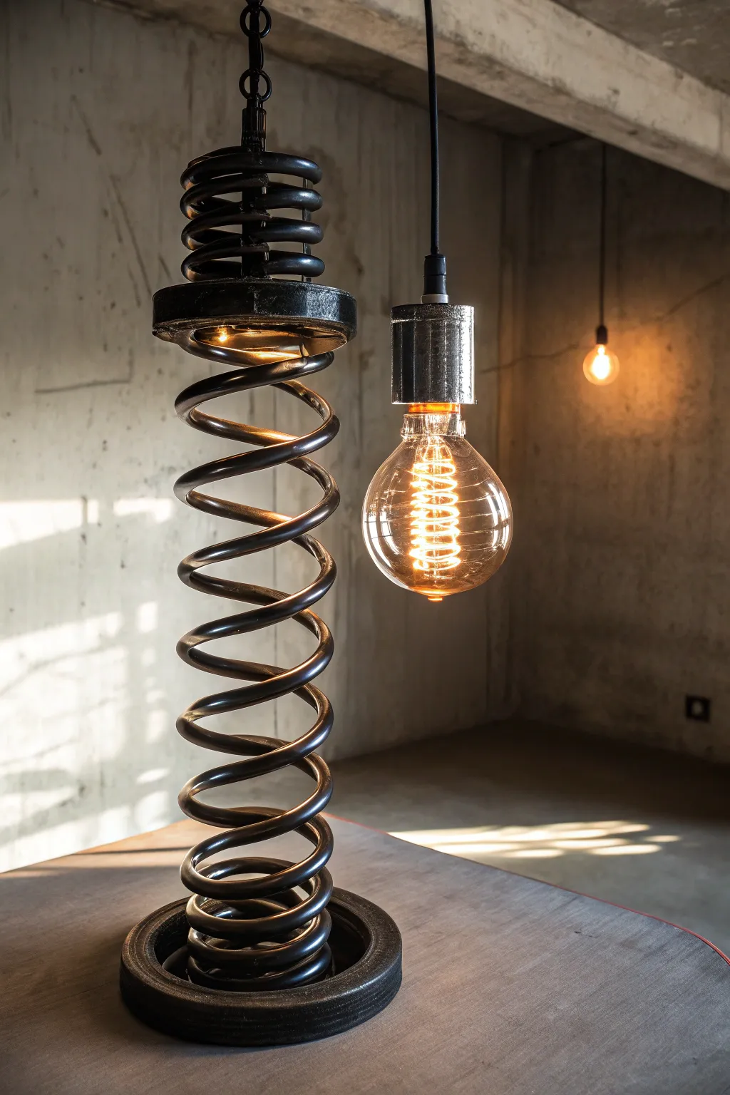 Illuminate your space with ingenuity: the Suspension Lamp crafted from a car spring.