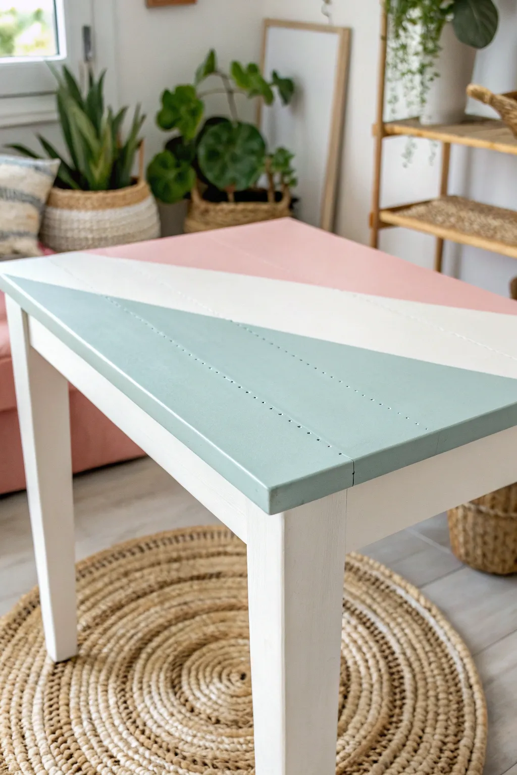 Add a playful twist to your decor with contrasting color blocks on your table top, a perfect blend of minimalist and Boho styles.