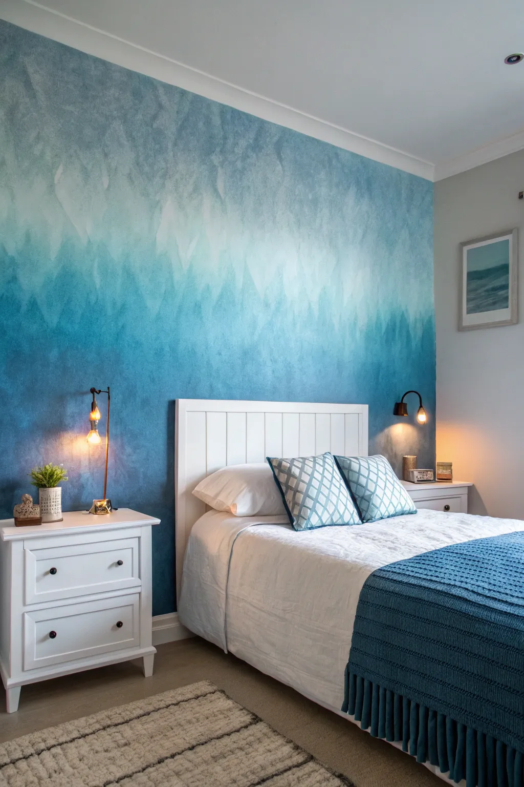 The ombré effect offers a modern, soothing backdrop for your bedroom.