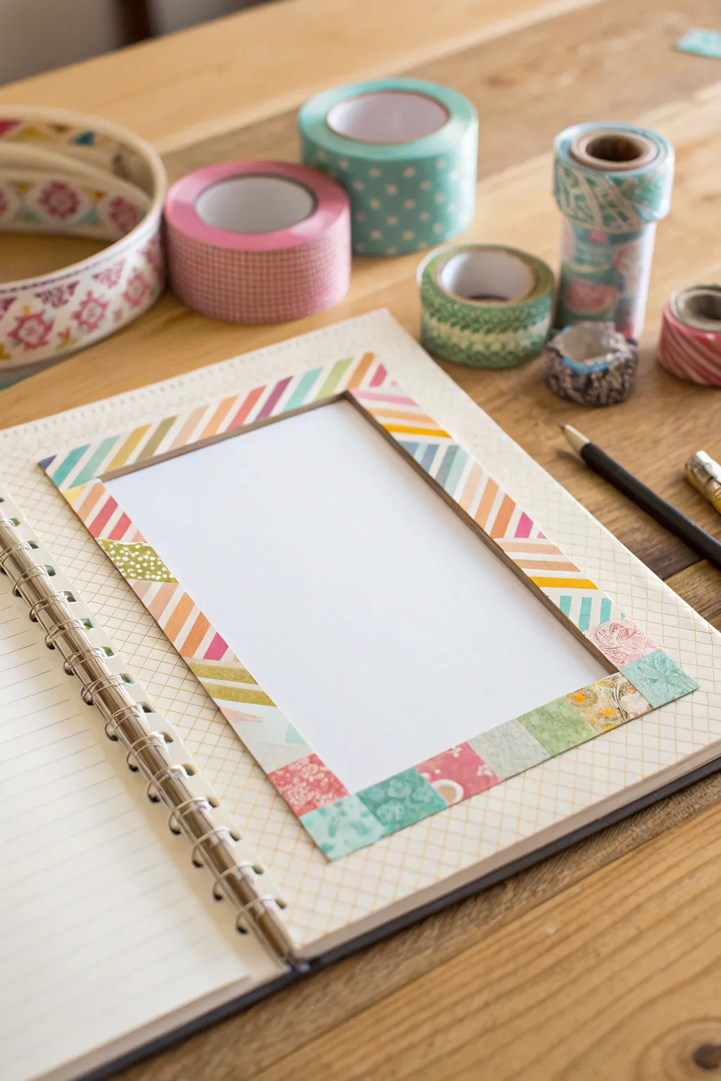 Transform your scrapbook with vibrant washi tape borders for a touch of minimalist elegance.