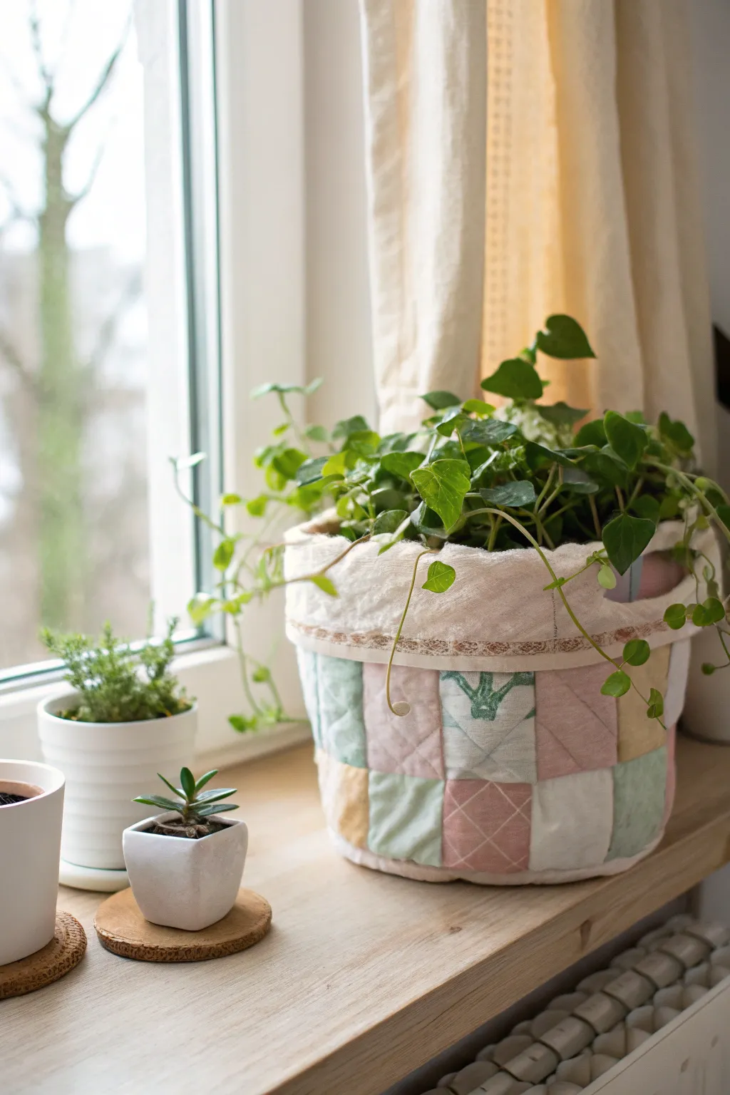 Bring a touch of eco-chic to your windowsill with handmade upcycled fabric planters that celebrate simplicity and sustainability.