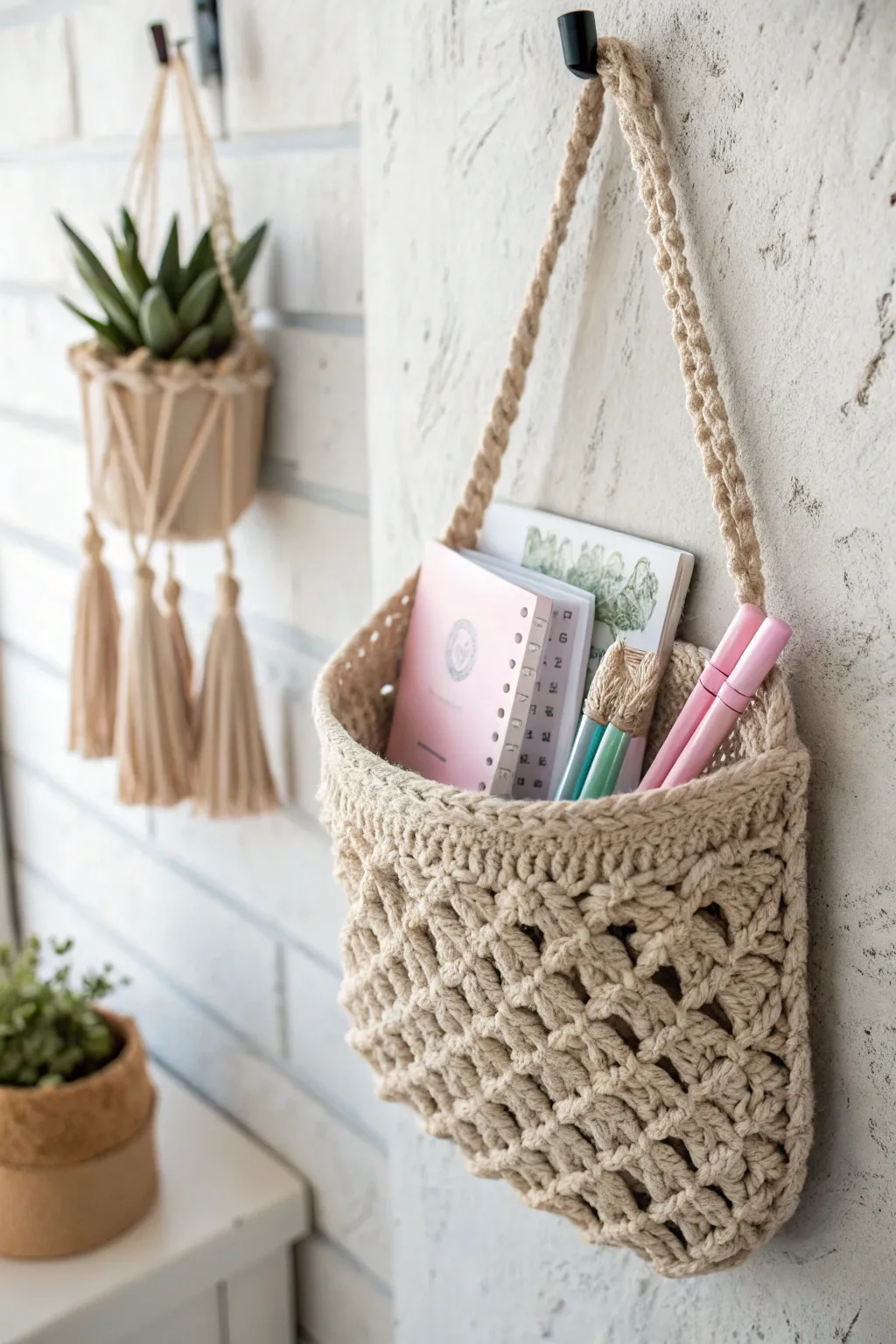 Elegance meets function: A crochet wall basket for your stylish workspace.