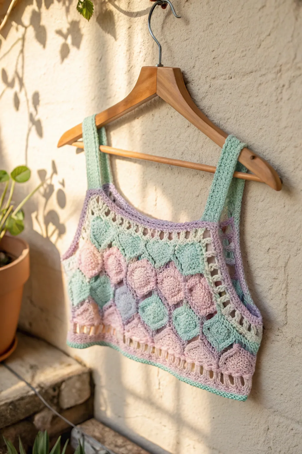Embrace the art of crochet with this stunning Mosaic Crop Top, where pastel hues and intricate designs meet in perfect harmony.