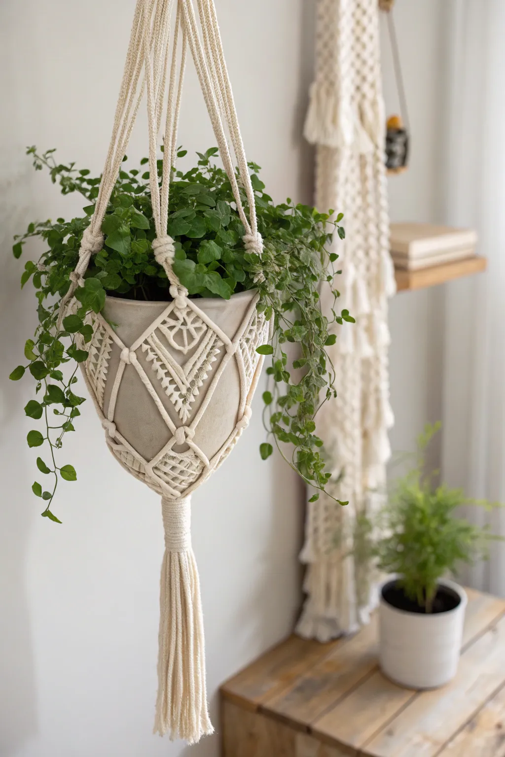 Elevate your mom's green space with this charming crochet plant hanger, a blend of simplicity and natural beauty.