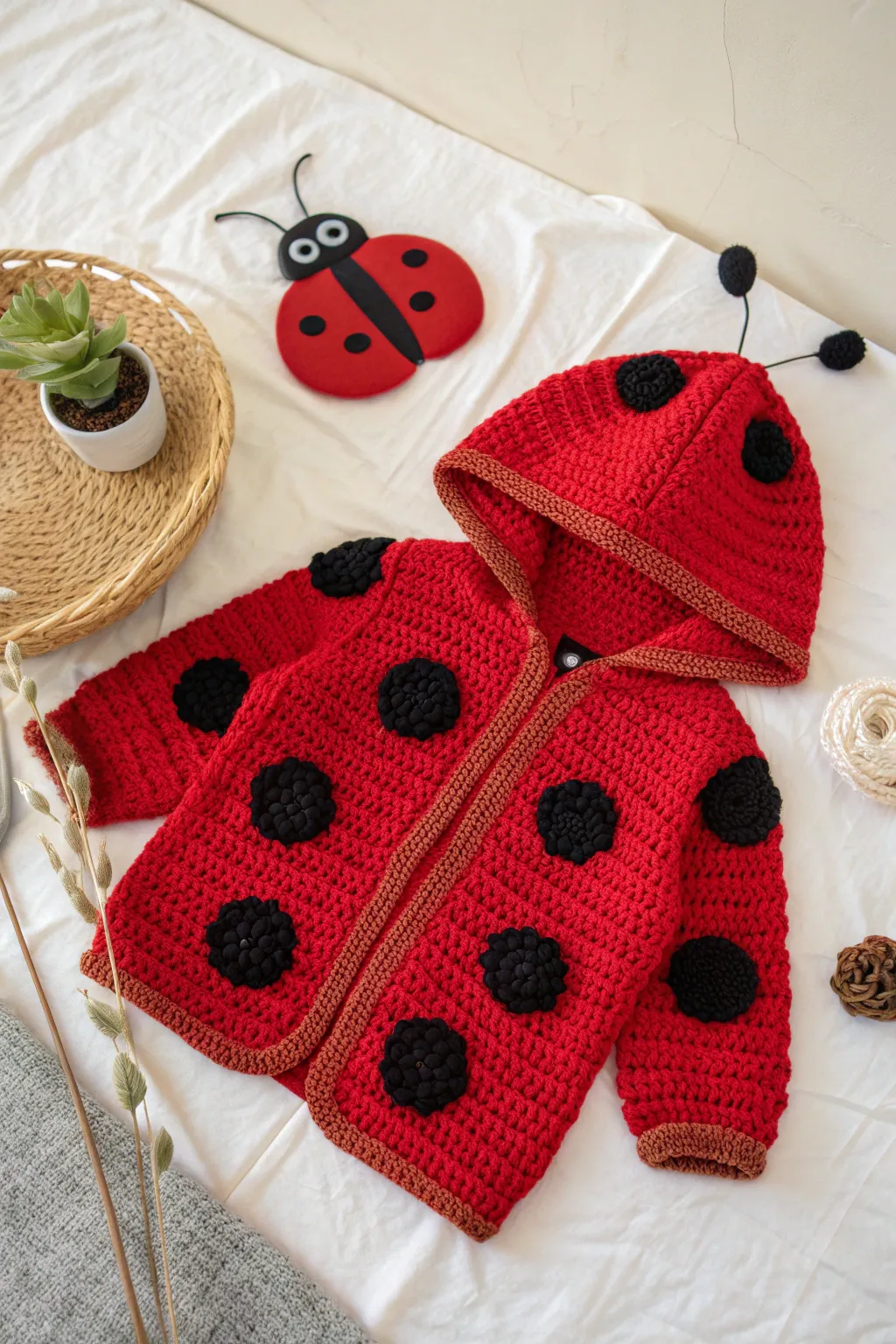 Embrace playful elegance with this charming crochet ladybug suit, perfect for a cozy Halloween transformation.