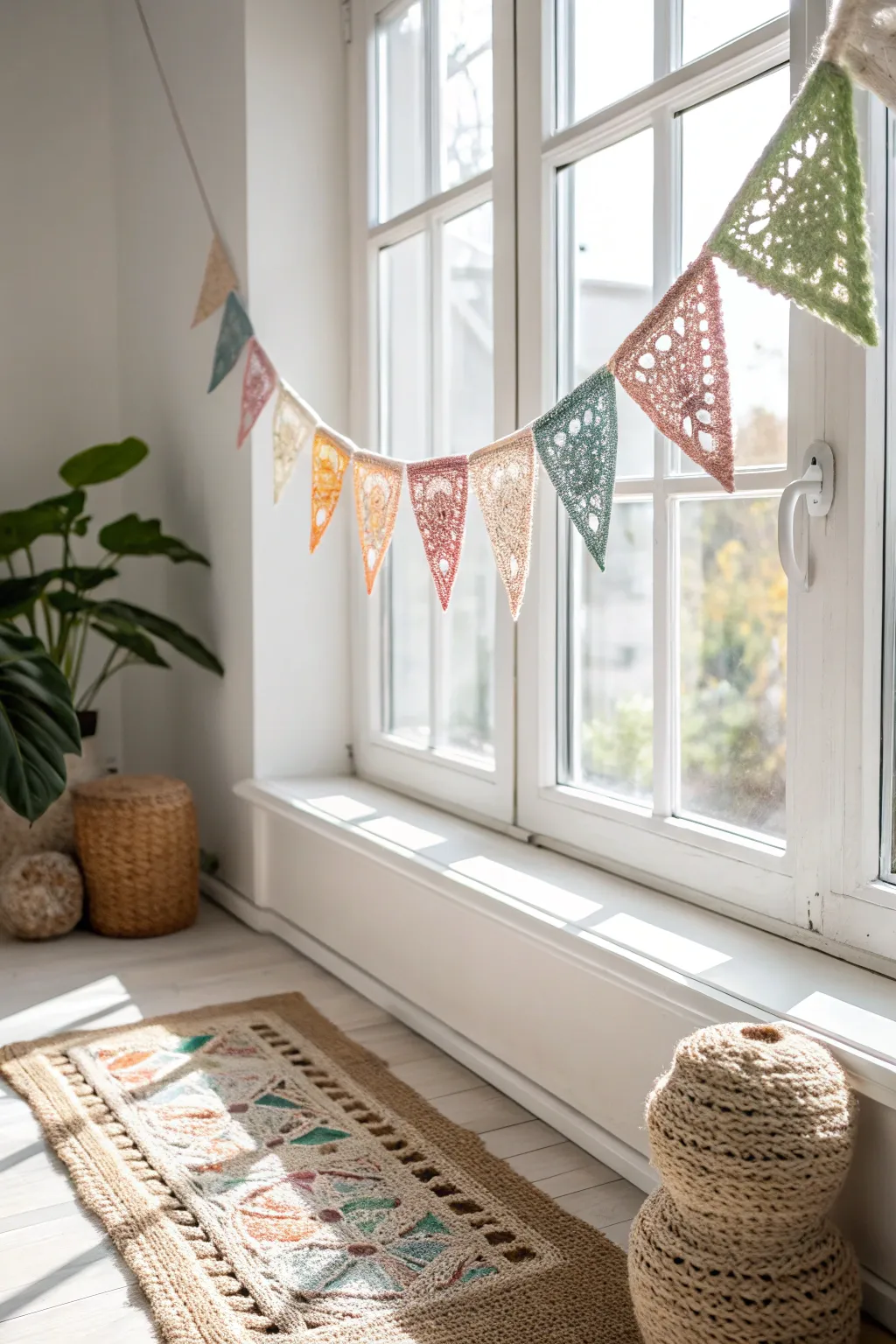 Add a splash of whimsy with a colorful crochet garland that dances in the sunlight.