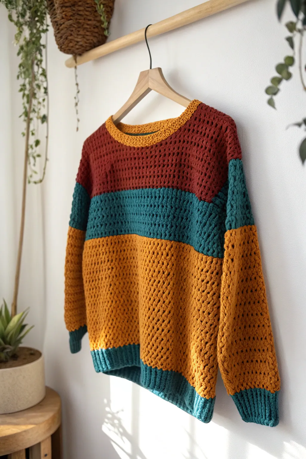 Make a statement with bold color blocks in your crochet sweater. Perfect for the minimalist with a love for vibrant hues!