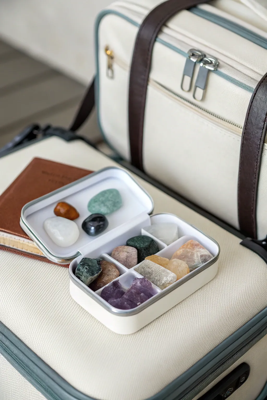 A portable travel box designed for storing crystals.