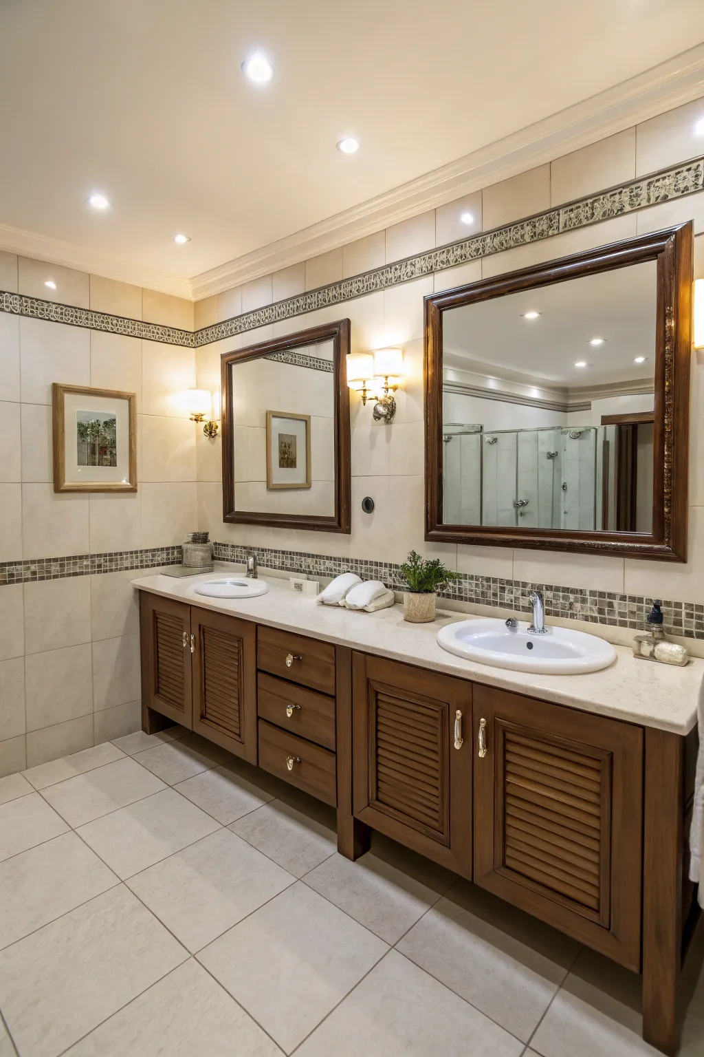 Double vanities offer both functionality and style in this bathroom.