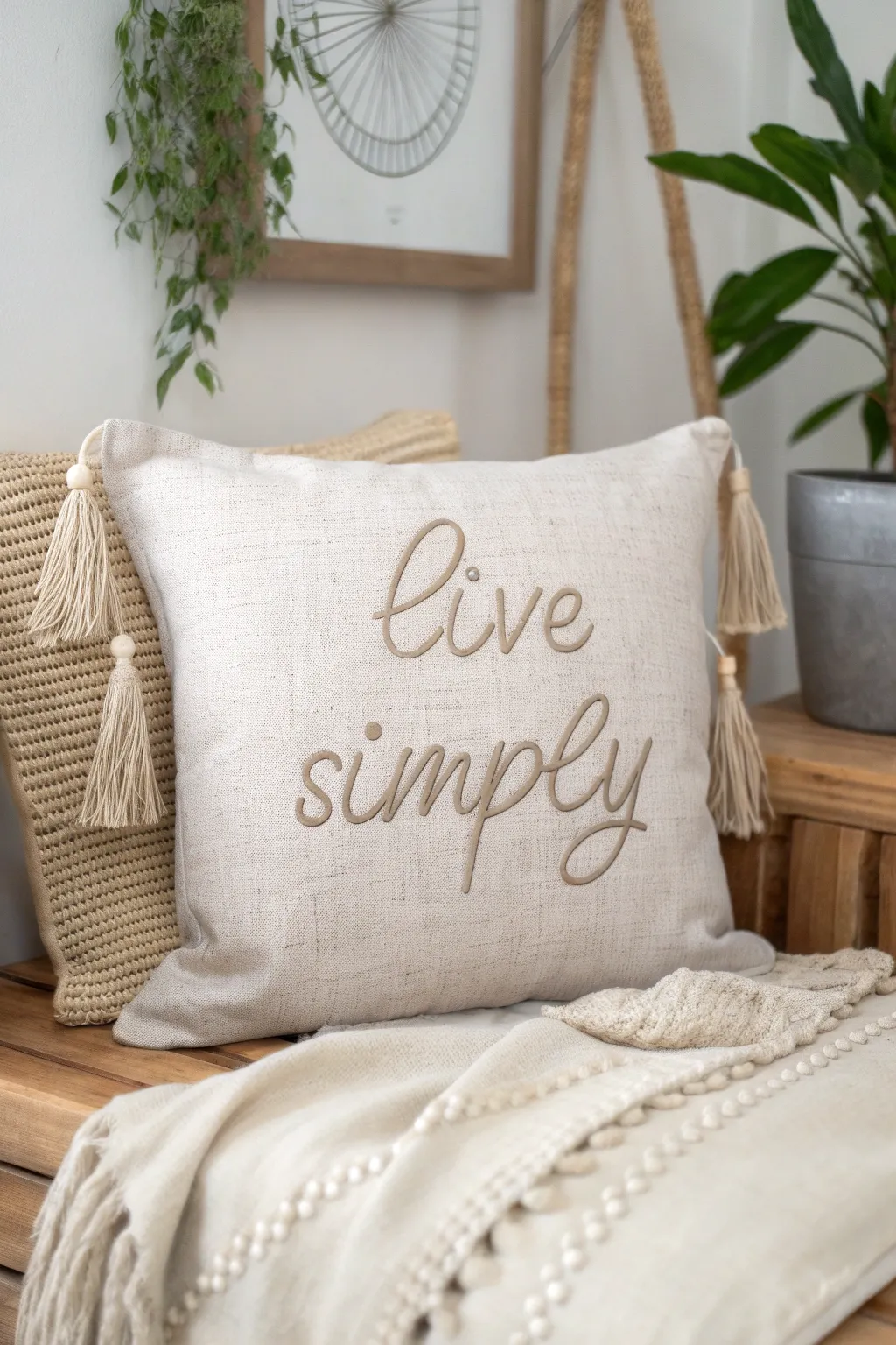 Embrace simplicity with custom embroidered quotes that inspire and uplift your space.
