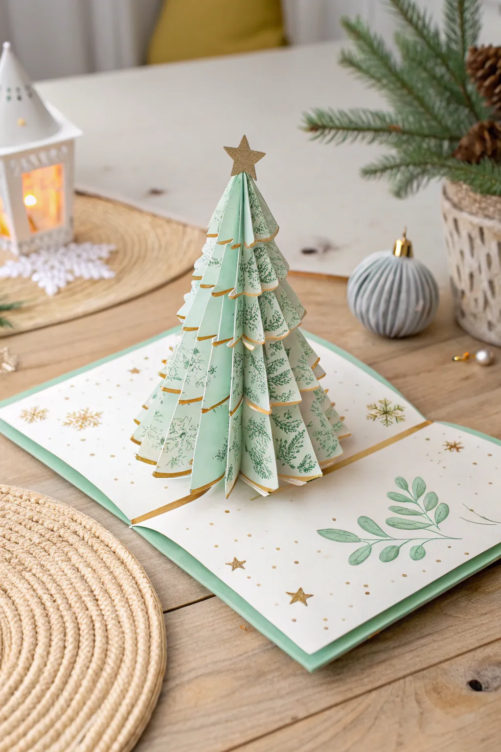 Delight in the magic of a handmade pop-up Christmas tree card, where Scandinavian minimalism meets boho charm.