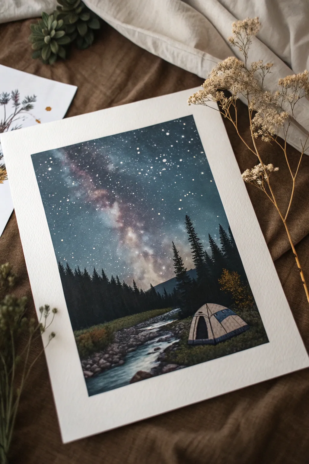 Embrace tranquility with a minimalist camping scene under a starlit sky—your escape into nature's simplicity.