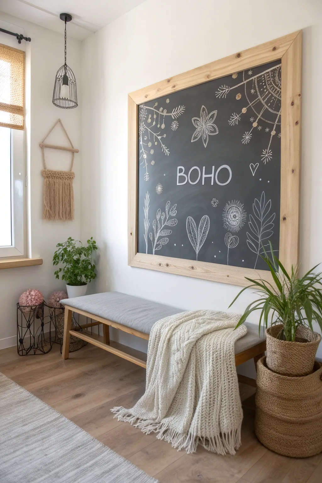Unleash your creativity with a chic chalkboard wall—perfect for notes, doodles, and daily inspiration in your minimalist haven.