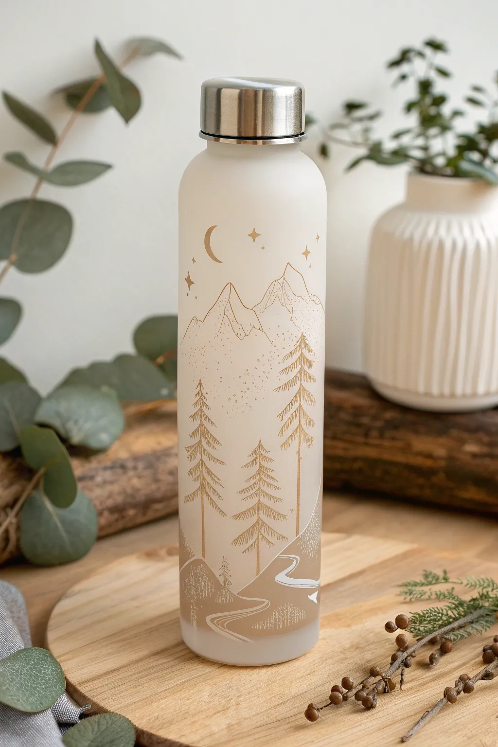 Embrace the serenity of nature with this beautifully crafted water bottle, perfect for your minimalist lifestyle.