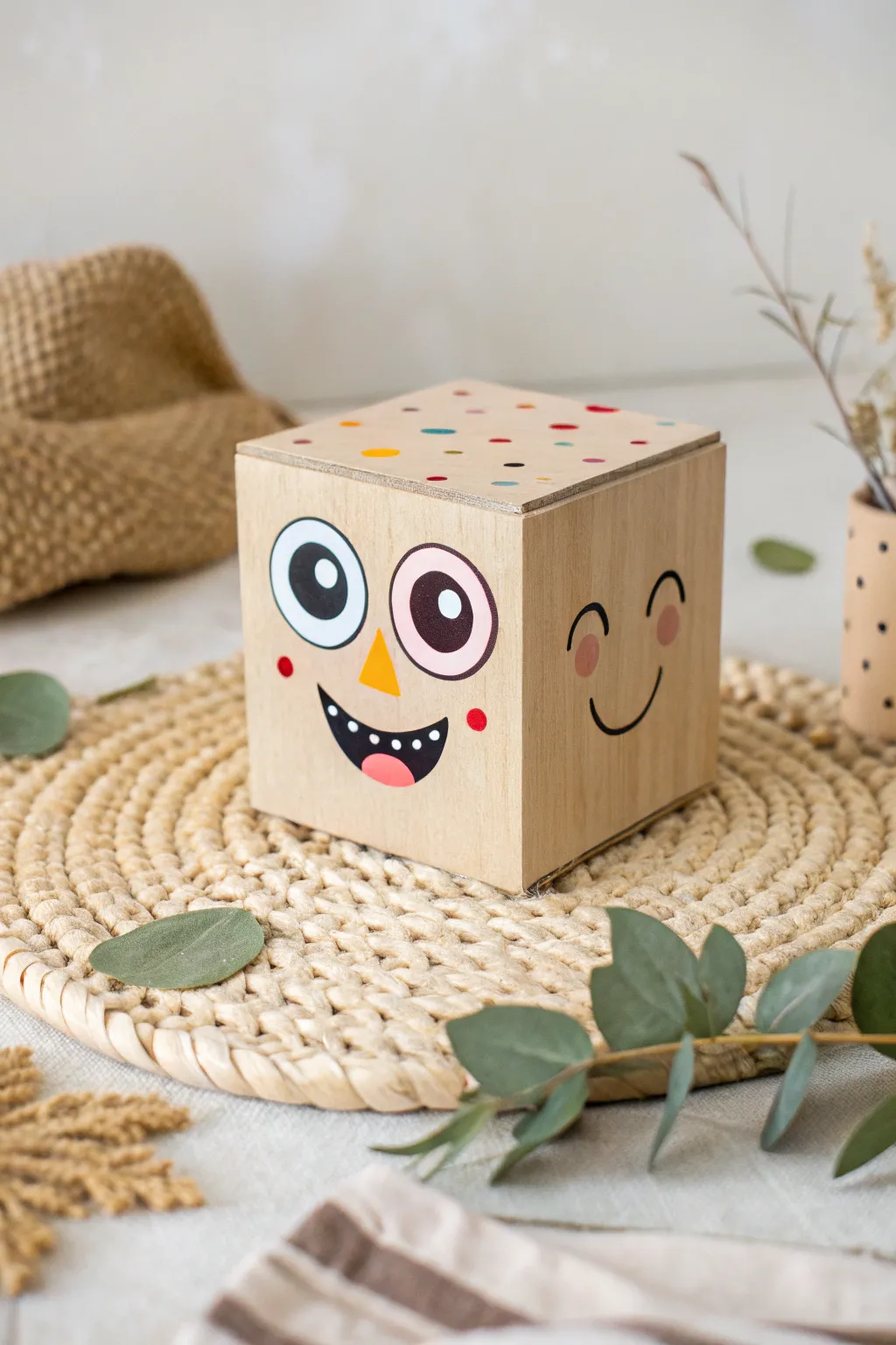 Bring a smile to your space with charming, handcrafted cartoonish faces on a minimalist box.