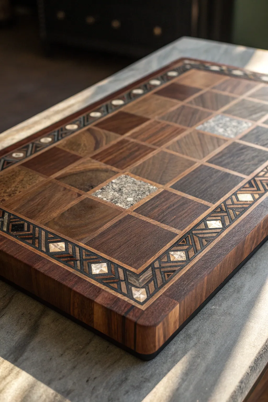 Elevate your kitchen with a cutting board that combines the elegance of wood, metal, and stone.