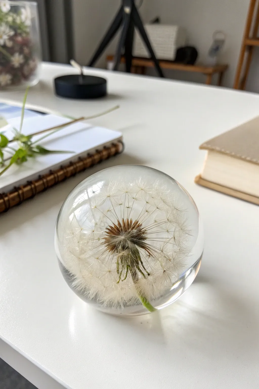 Capture the delicate beauty of nature with this elegant dandelion resin paperweight, a perfect blend of simplicity and craftsmanship.