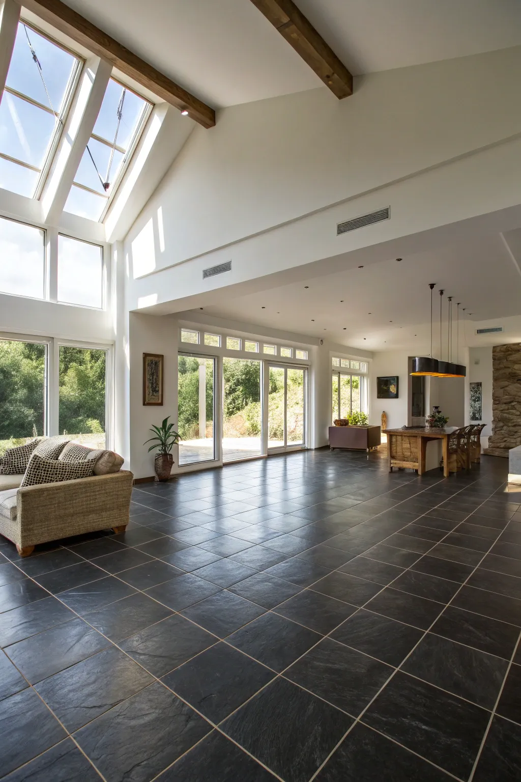 Dark tiles unifying an open-plan living area.