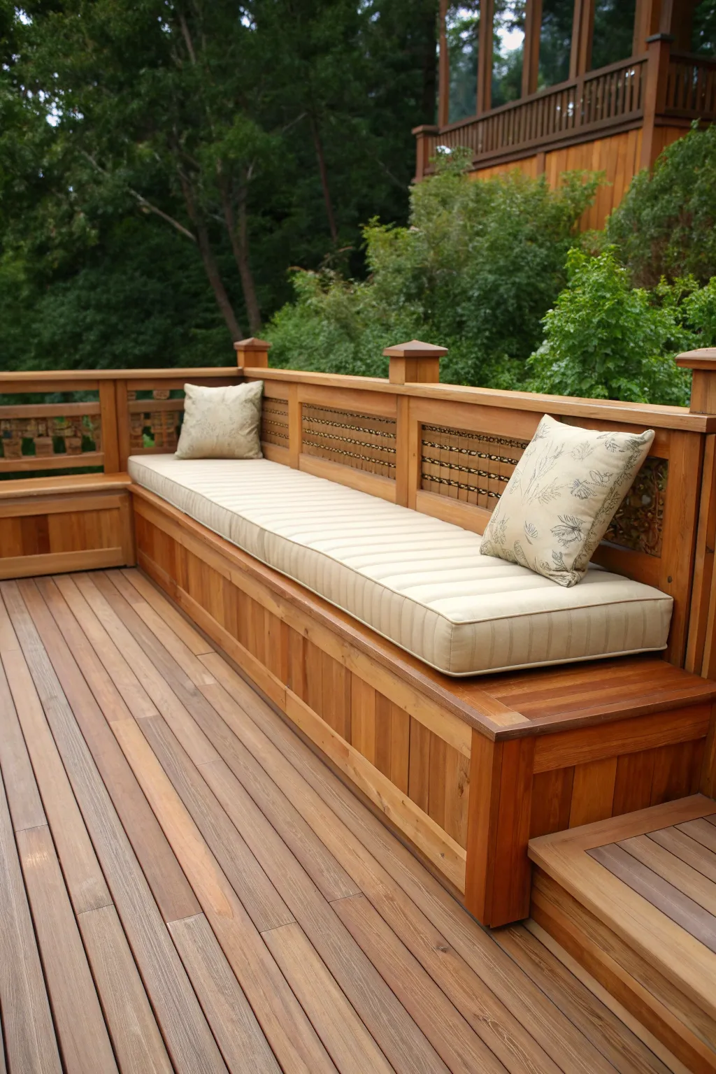 Transform your deck with elegant built-in seating that combines style and function.
