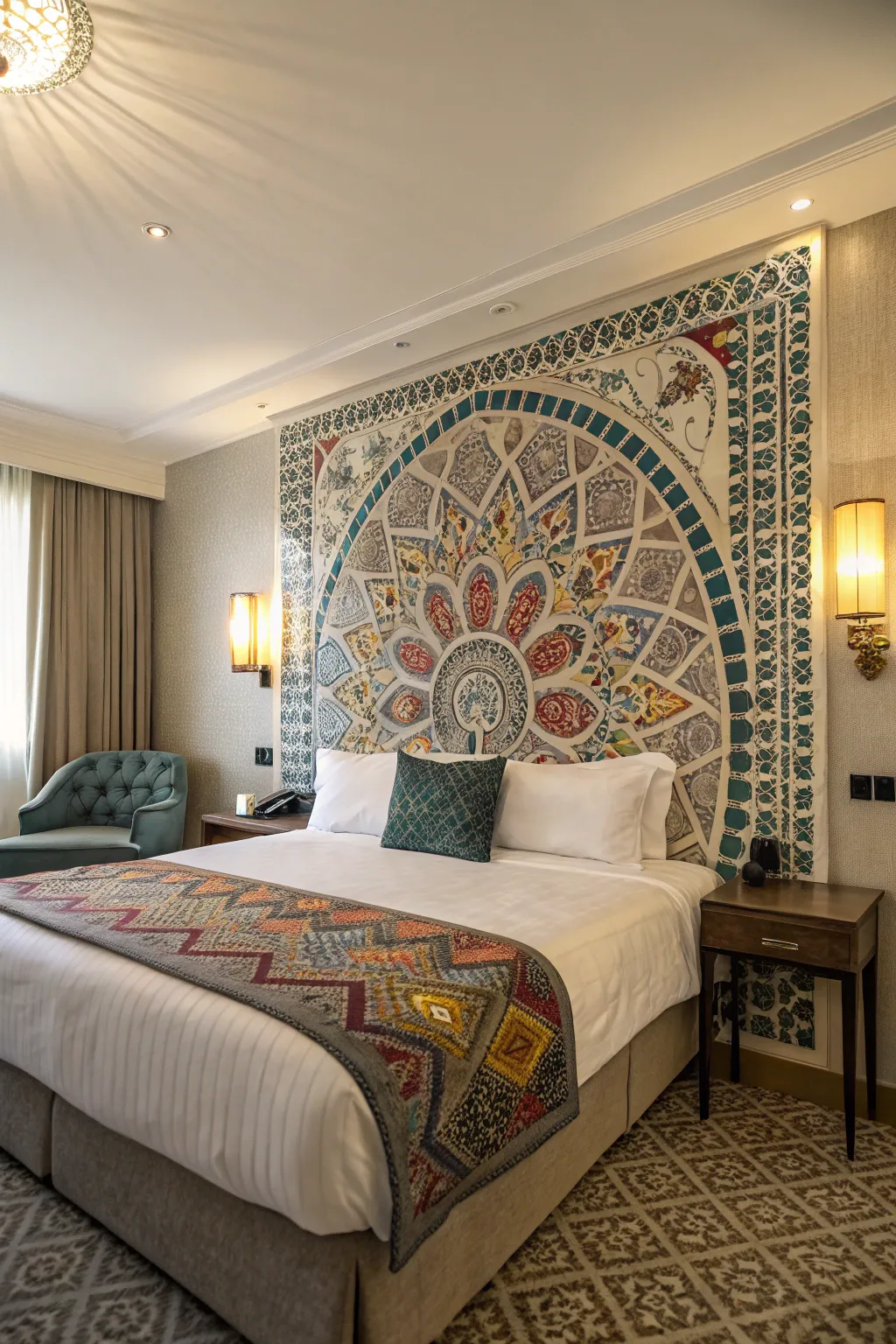 An artful headboard becomes the room's focal point.