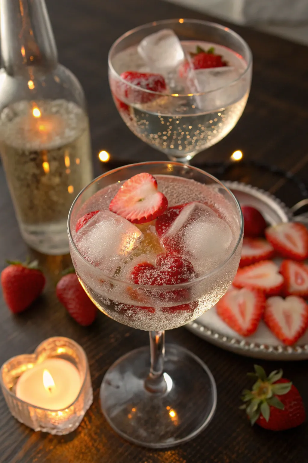 Romantic heart-shaped prosecco ice cubes.