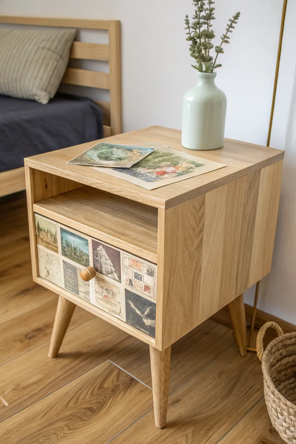 Transform your nightstand into a nostalgic masterpiece with vintage postcard decoupage.
