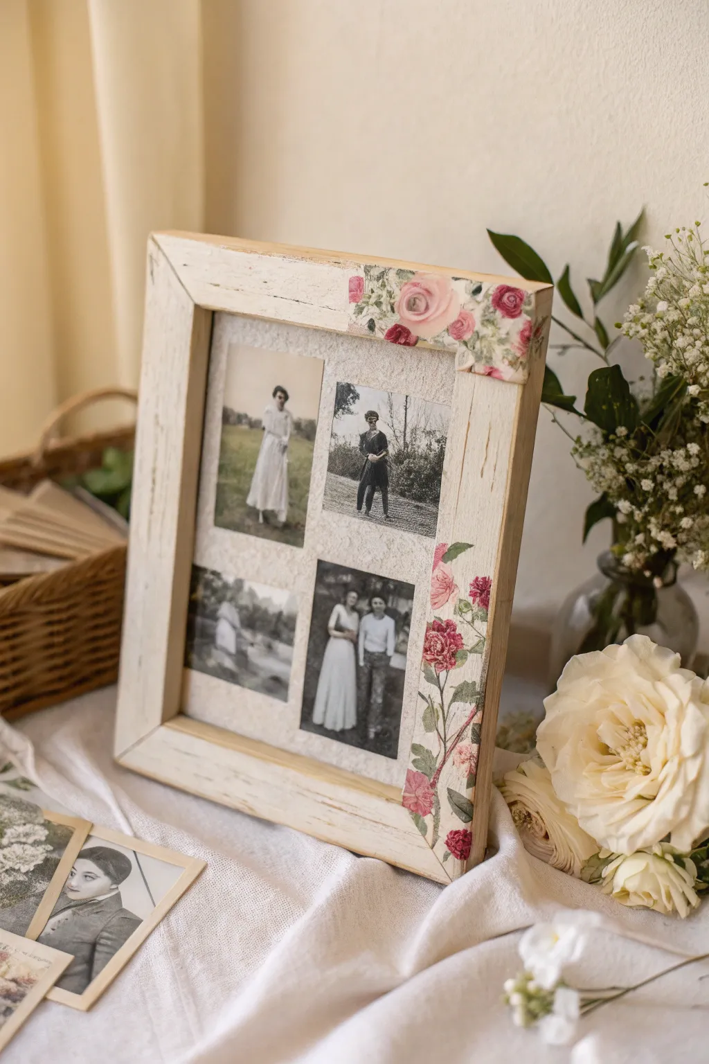 Discover the charm of mixed media magic with this elegant decoupage frame, where memories meet artistry.