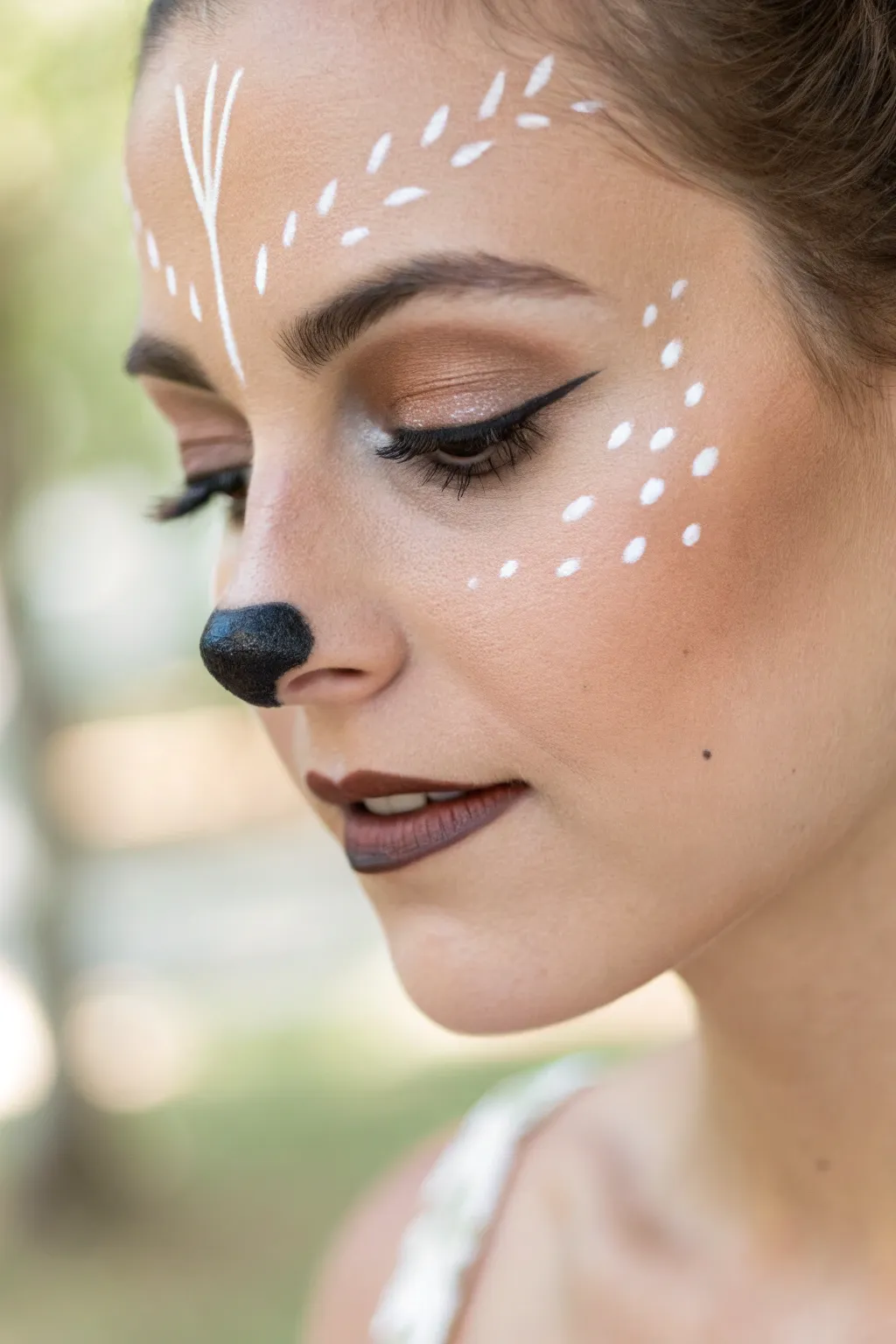 Embrace your inner deer with this bold yet simple black nose face paint design. A perfect blend of minimalism and natural beauty.
