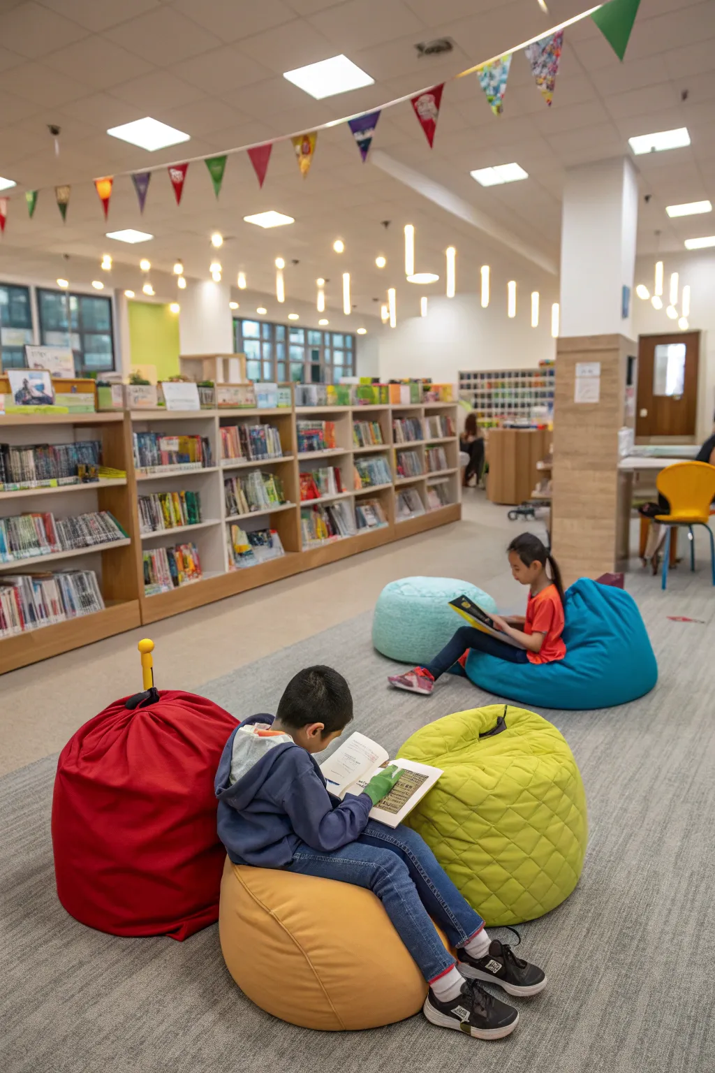 Flexible seating allows for both group gatherings and solitary reading.