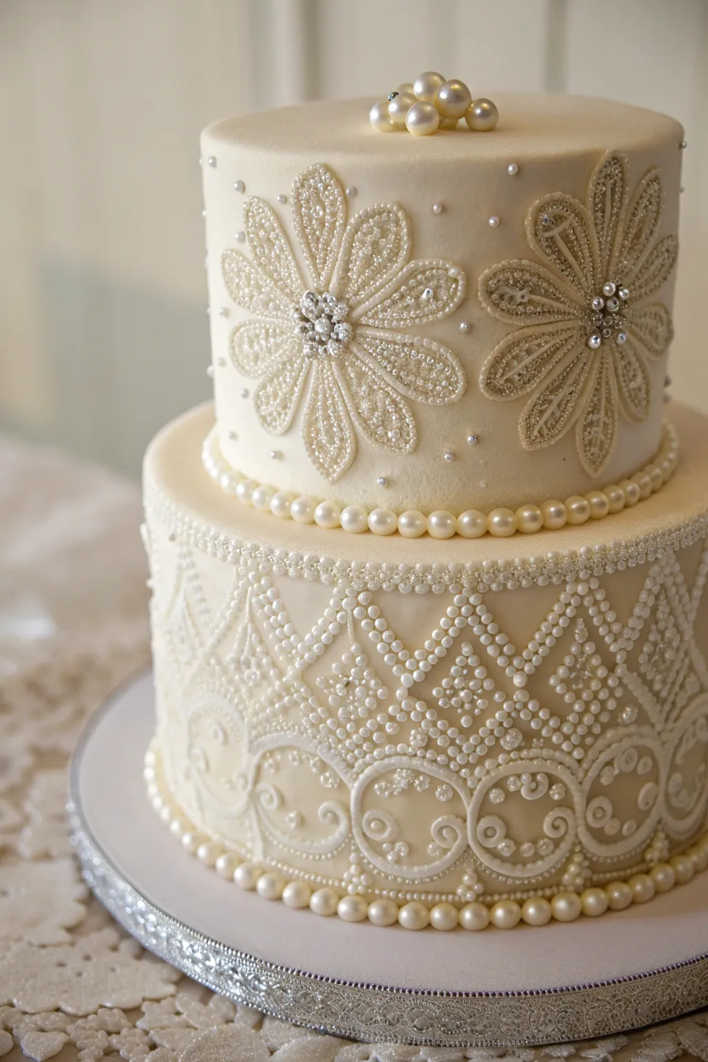 A cake masterpiece: where the elegance of lace meets the allure of diamonds and pearls.