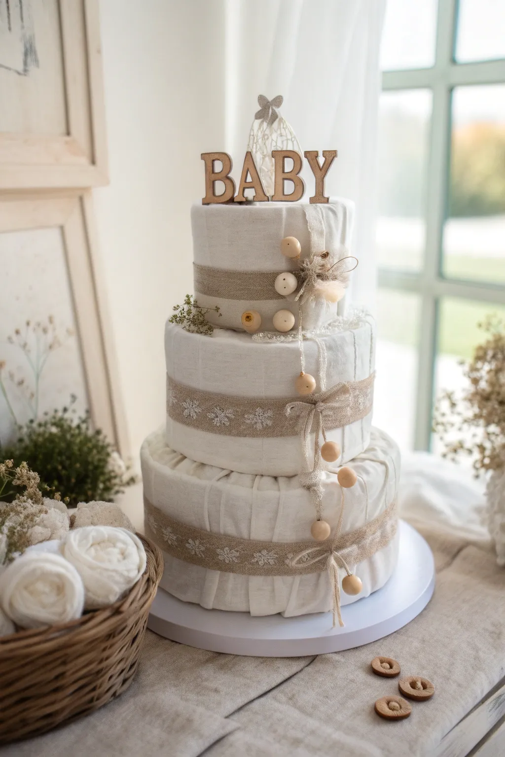 Celebrate the little one with a personalized diaper cake that blends minimalist design with boho charm.