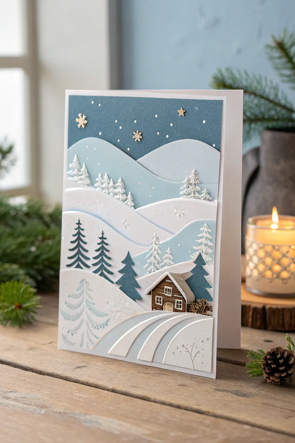 Send a slice of winter wonderland with this charming die-cut Christmas card, capturing the serene beauty of a snowy escape.