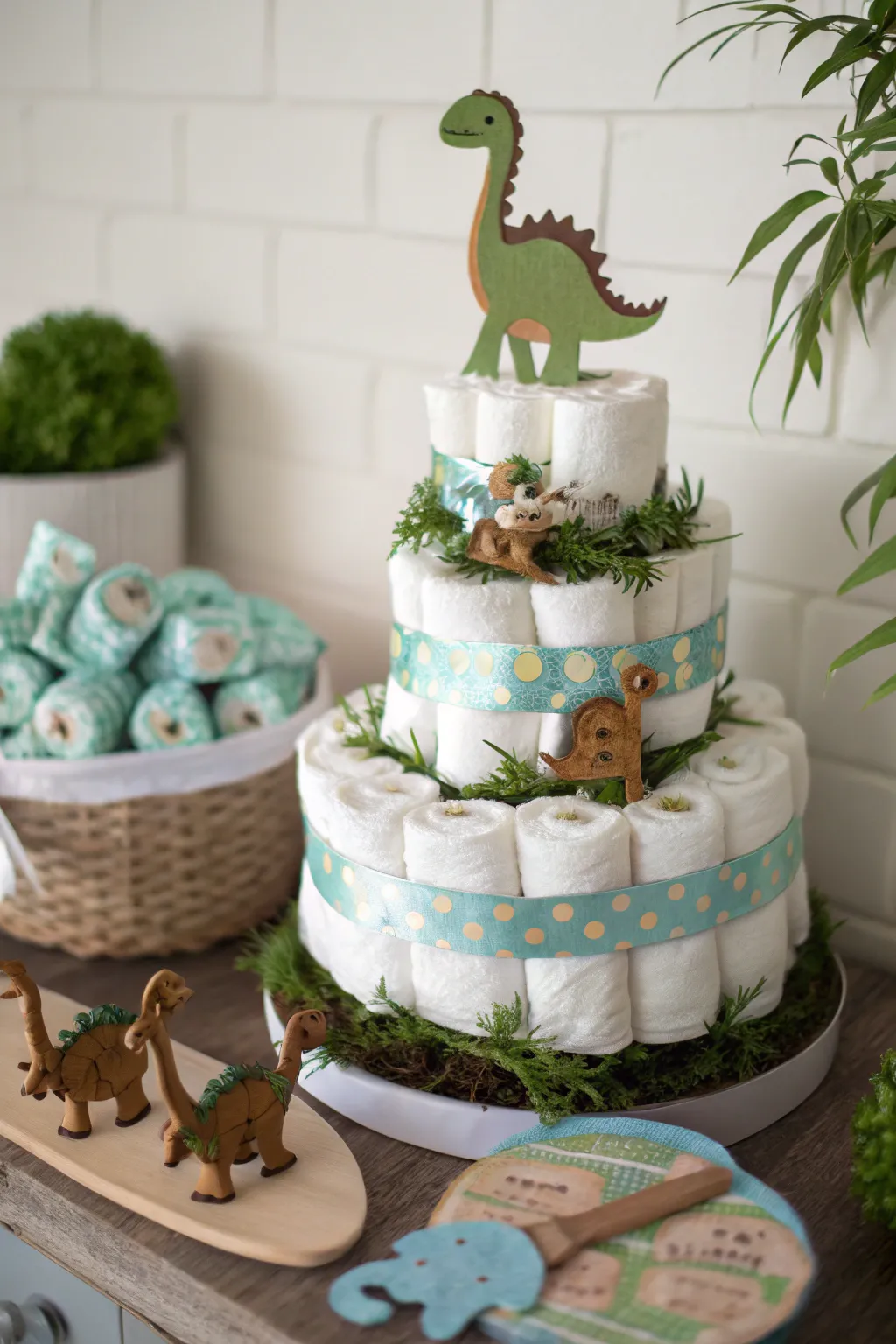 Crafted with love: A dinosaur diaper cake in earthy tones, perfect for a natural-themed celebration.